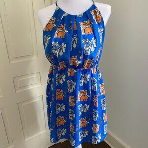 Bee Stitched Sundress in Blue, Orange, Yellow and White Stylized Print
